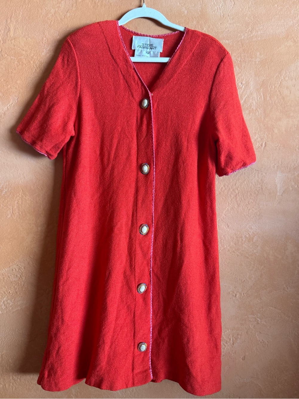 Steve Fabrikant Saks Red Textured Knit Mini Dress Beaded Buttons Vintage M